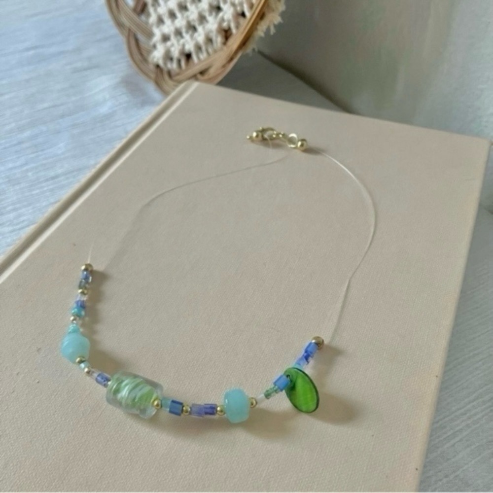 Handmade “Jaede” Glass Bead Blue Green Boho Necklace Beachy Pastel Earthy
